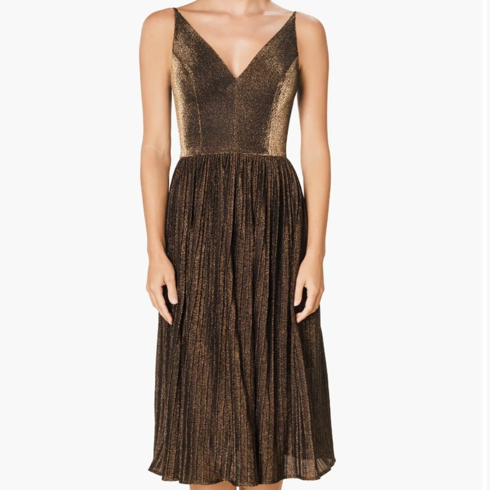 Dress the Population Metallic Bronze V-Neck Midi Dress